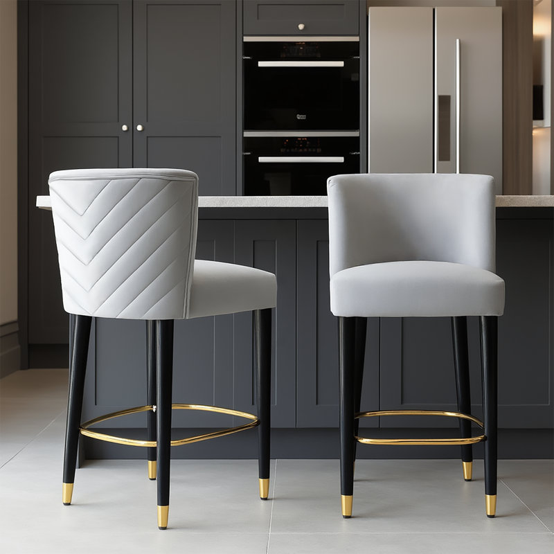 38.25'' H Solid Wood Velvet Counter Stool, Gray