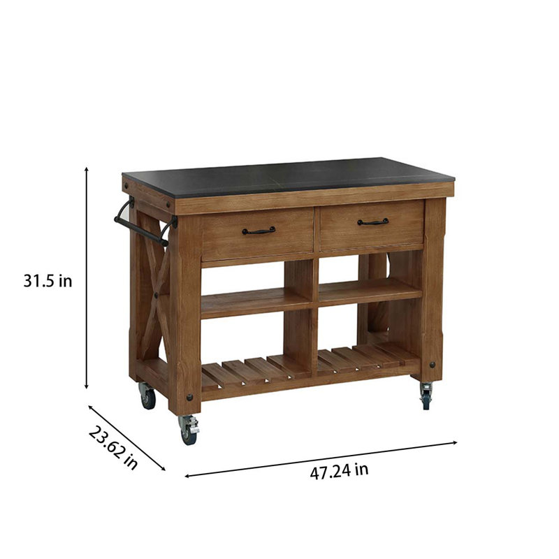 Black rock slab solid wood kitchen island, movable