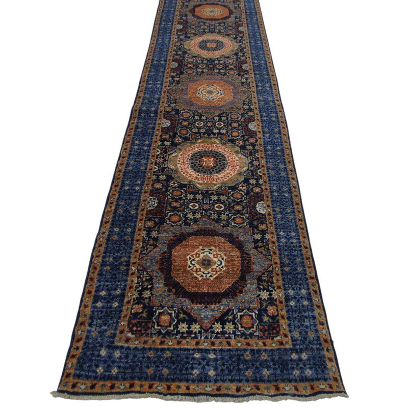 Hand Knotted Wool Area Rug in Navy And Blue