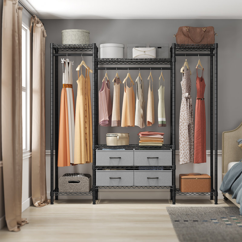 Portant à vêtements robuste en fil métallique Vipe V20, armoire compacte autoportante avec 6 tablettes, 3 tringles de suspension et 4 tiroirs en tissu, L 56,7 po x l 14,6 po x H 70,9 po, gris