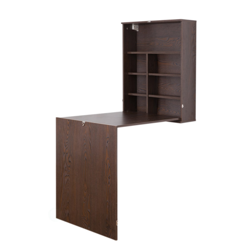 Basicwise Wall Mounted Folding Table with Shelves - Fold Down Murphy Workstation for Small Spaces - Space Saving Floating Solution, Wood, 34.25 x 23.5 x 59.5 in, Brown - Home Office Writing Surface