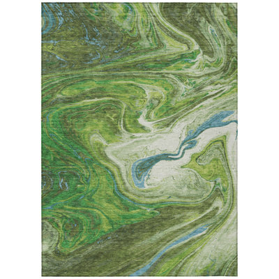 Tapis extérieur lavable abstrait 5 pi x 8 pi vert et bleu ivoire