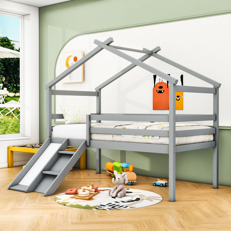 Twin Wood Low House Loft Bed With Slide, Ladder, And Safety Guardrails, Gray