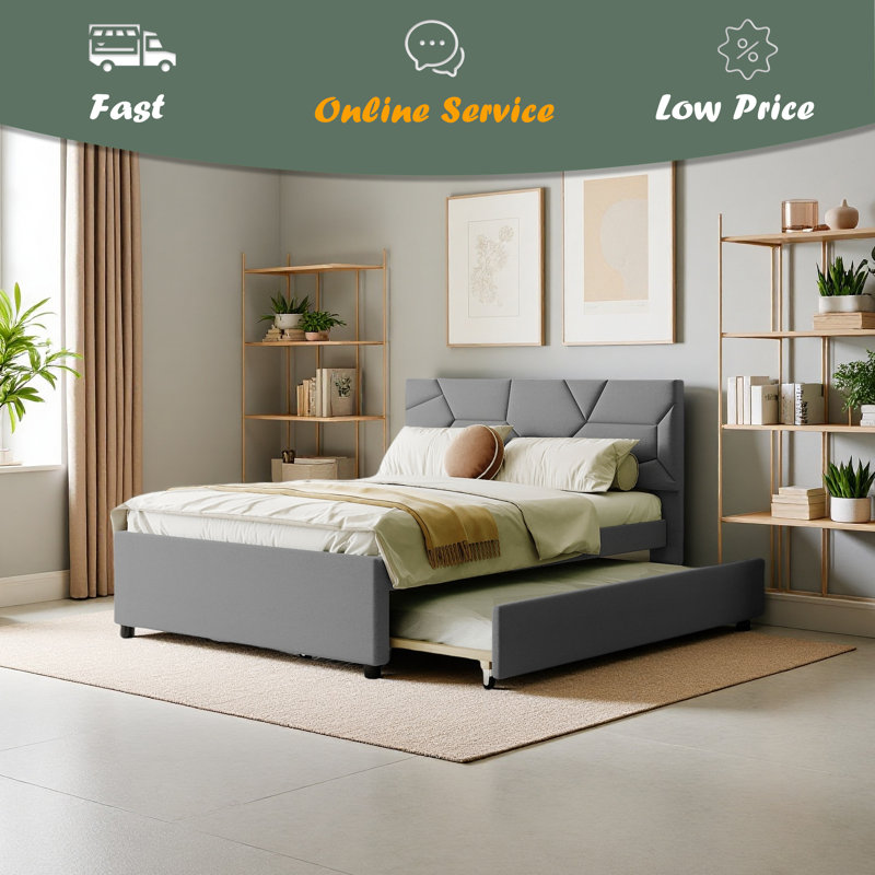 Lit plateforme double tapissier pleine grandeur avec tête de lit à motif brique, Gris