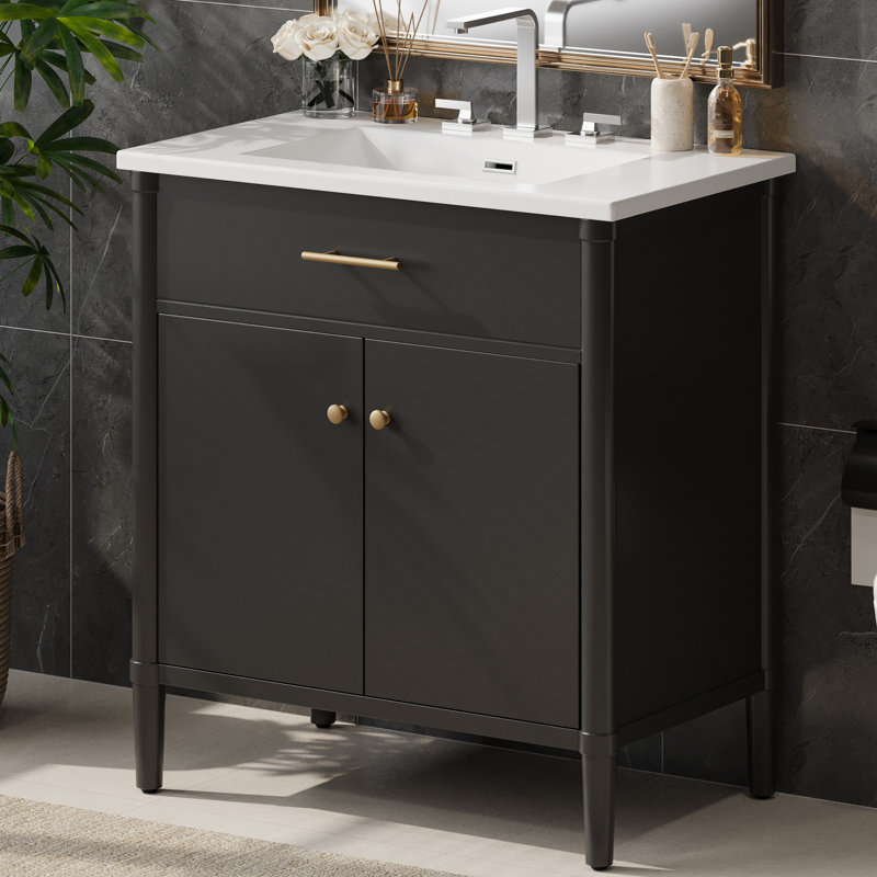 Meuble-lavabo élégant avec pieds en bois d'hévéa au design moderne, idéal pour les espaces élégants