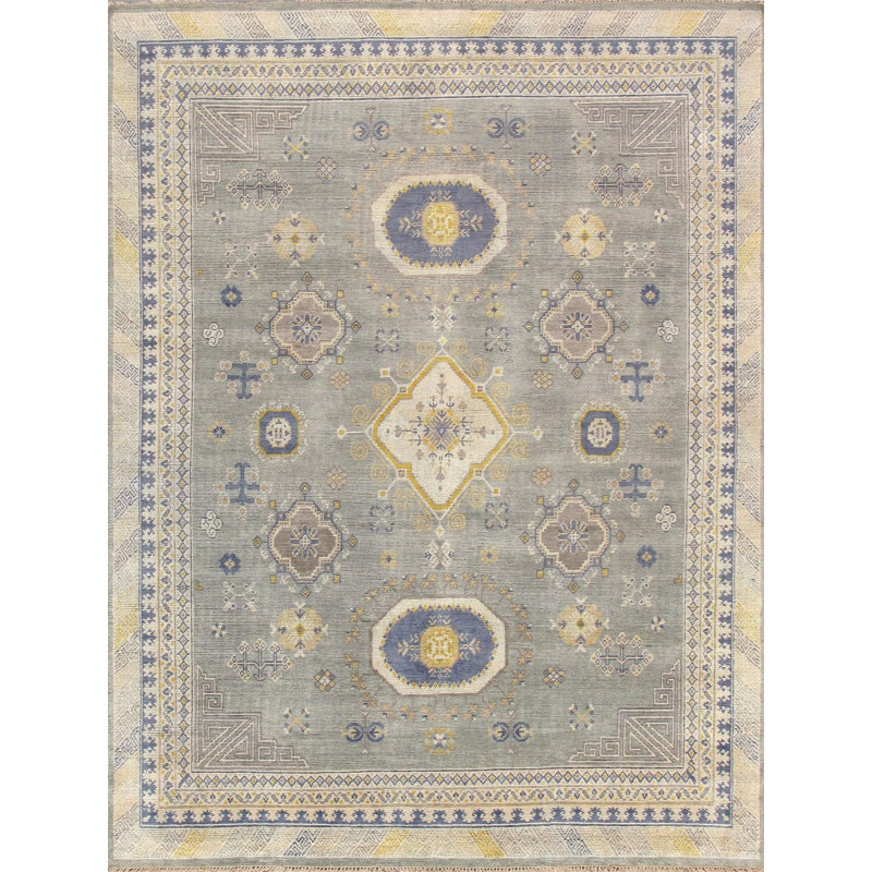 Tapis beige / bleu en laine et en coton noué à la main de style oriental rectangulaire Davon 9 pi 1 po x 12 pi 2 po