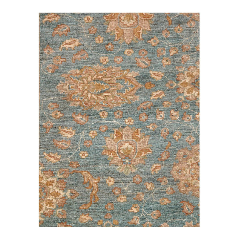 Tapis oriental jaune / bleu clair en laine noué à la main 8 pi 1 po x 9 pi 9 po Oriental