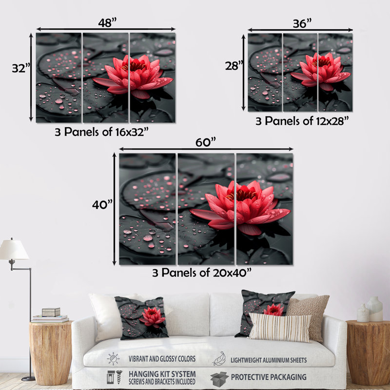 «Romantic Red Black Lotus Pond Photo II», ensemble d'art mural lotus, Métal métal, H 28 po x l 36 po x P 1 po