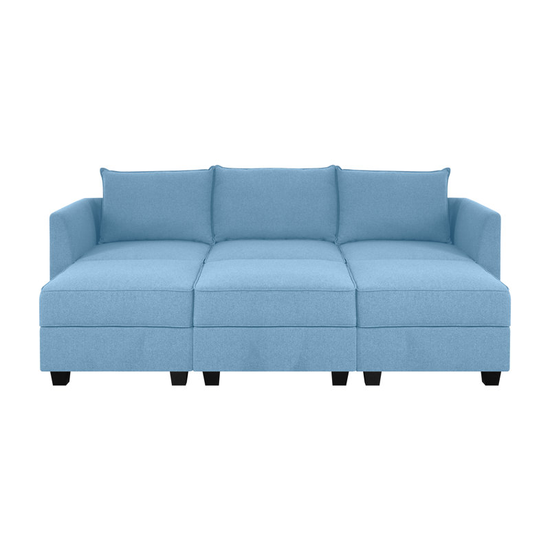 Canapé confortable avec repose-pieds triple Marchelo, Lin bleu œuf de merle