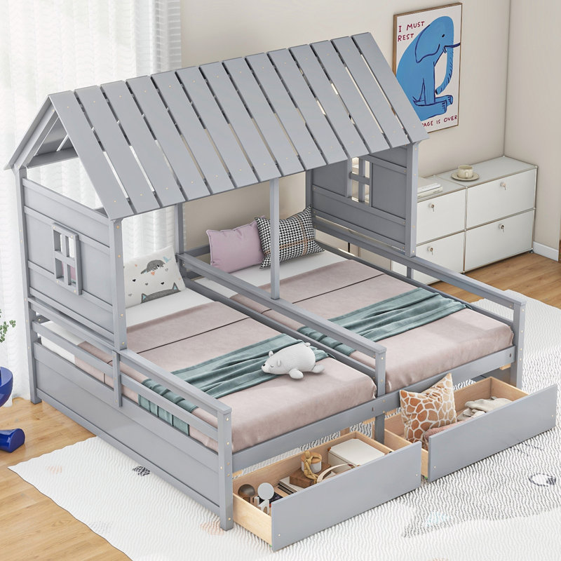Lits plateforme simple avec deux tiroirs, Gris