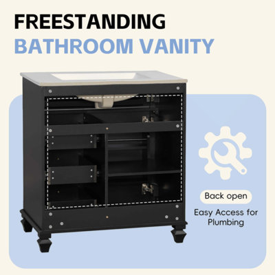 Meuble-lavabo de salle de bain avec lavabo, meuble-lavabo autoportant avec tiroir rabattable, 3 tiroirs et armoire de rangement, bois massif et panneau de fibres à densité moyenne, comptoir de lavabo en céramique