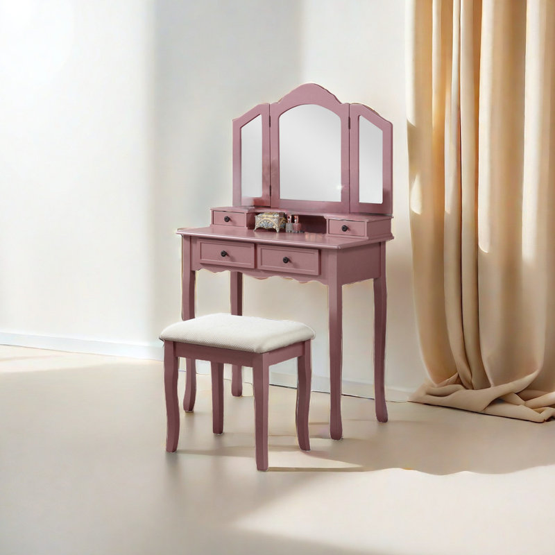 Devhan Make-up Vanity Table and Stool Set, Pink