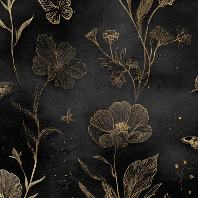 Papier de contact à peler et coller papier floral noir foncé à feuilles d'or Moody Vintage Flowers Butterflies auto-adhésif et amovible 24 po x 118 po (60 x 300 cm)