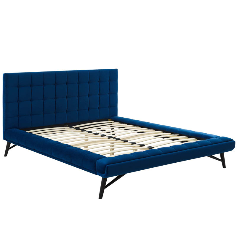 Grand lit plateforme tapissier en tissu touffeté Julia, Bleu marine