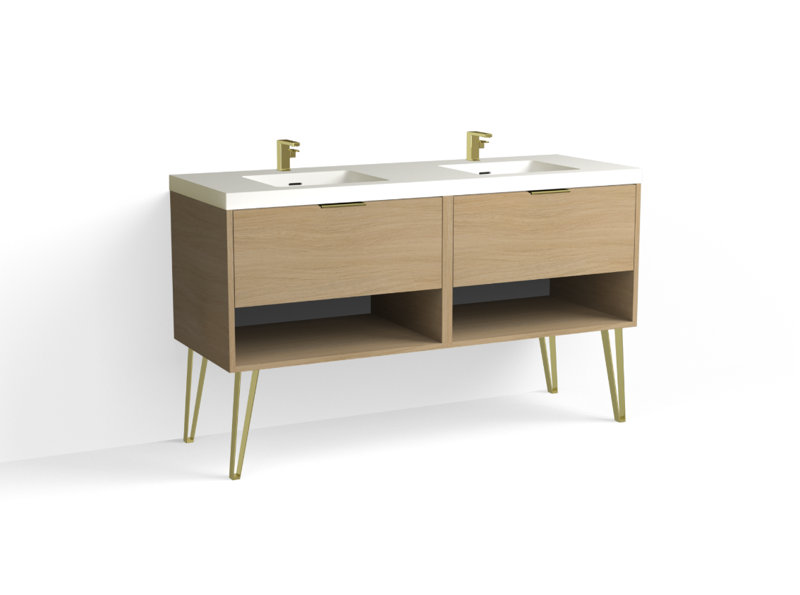 Modo 60" W Freestanding Double Bathroom Vanity with Dawson Leg, Gloss White/8" Widespread, Biondo, Satin Brass