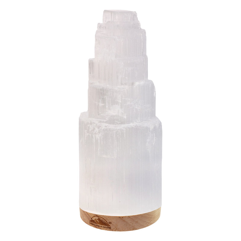 Lampe en cristal de sélénite Baggusingh, avec base en bois et câble de recharge USB - 8 po