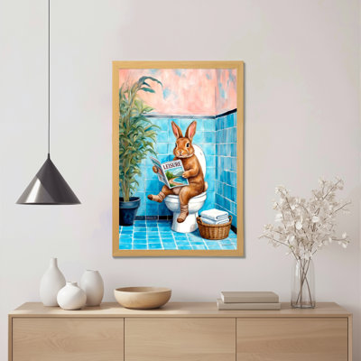 Lapin lisant le journal dans la salle de bain, reproduction d'art sur toile tendue sur toile, ensemble de 1