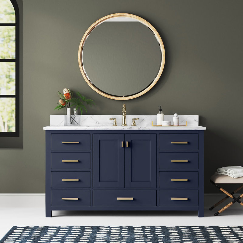 Meuble-lavabo simple 60 po avec plateau Souther, Marine, Marbre blanc de Cala, Doré