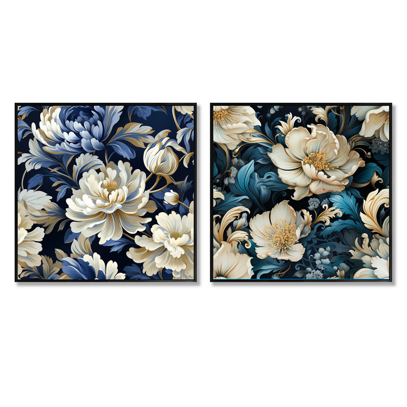 Lilwenn - Abstract Botanicals Square Collage Set Of 2, Black Floater Framed, 16" H x 33" W