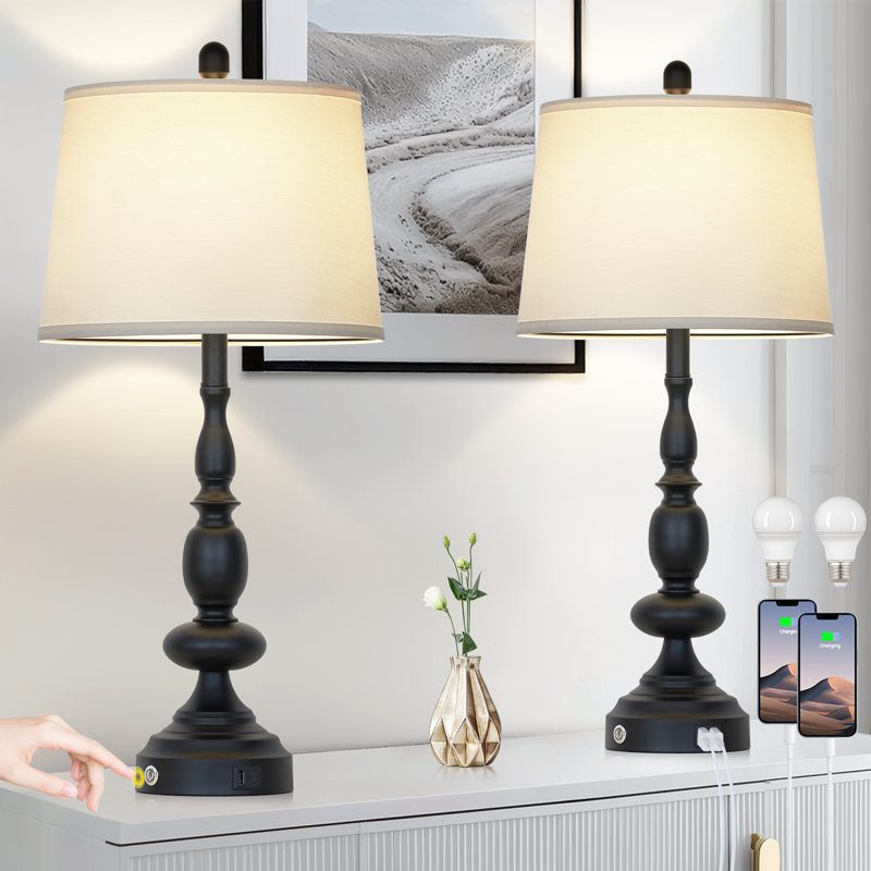 Lampes de chevet modernes à intensité variable de 29 po avec deux ports USB et ampoules DEL, Noir