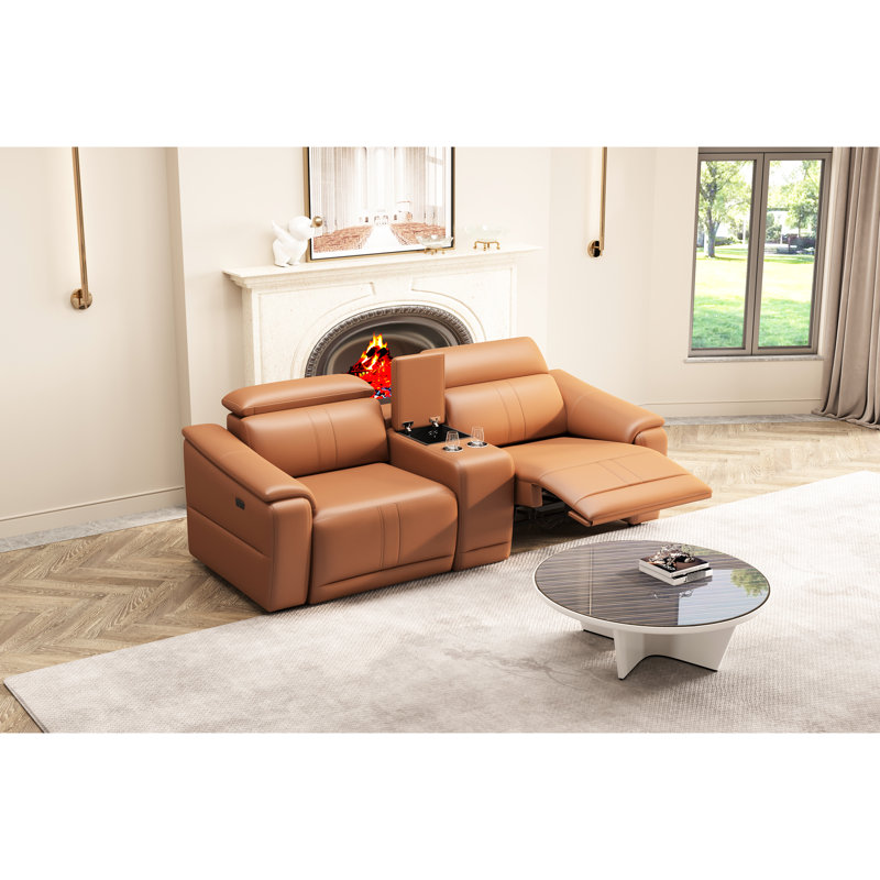 Canapé d'angle modulaire 3 places en cuir brun, confortable, avec fauteuil inclinable électrique et 2 porte-gobelets, style moderne idéal pour les petits espaces, respirant, avec rangements intégrés. Convient également aux bureaux.