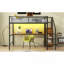 Lit mezzanine double en métal avec bureau, escalier de rangement, petite armoire et lumière DEL