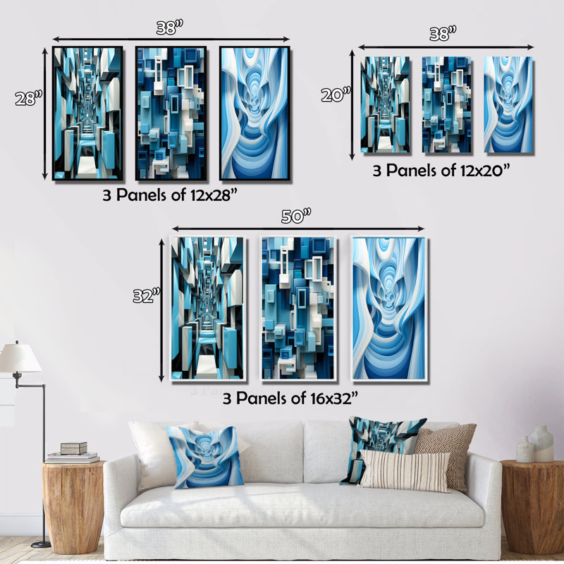 «Op Art Blue Focus», 3 pièces sur toile, Toile tendue, H 40 po x l 60 po