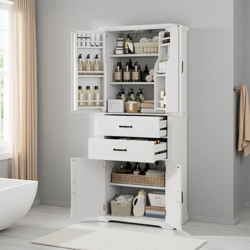 72.6'' Freestanding Bathroom Storage Cabinet With 2 Drawers, 2 Cabinets And Six Behind-door Shelves, White