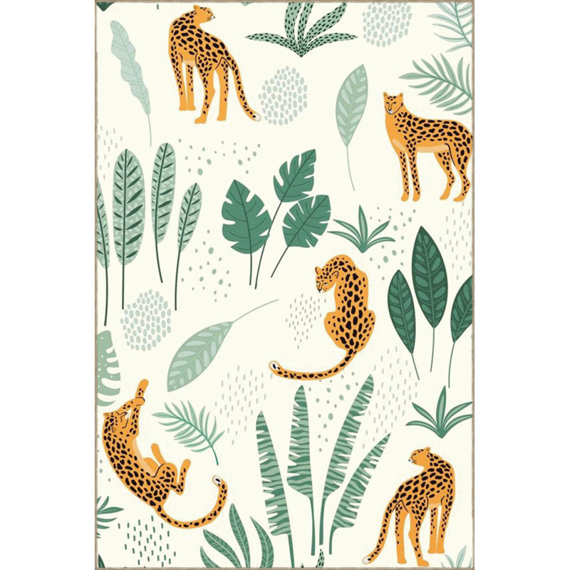 Tapis décoratif lavable à la machine Green Plant and Leopard, Rectangle 5 pi 1 po x 7 pi 7 po