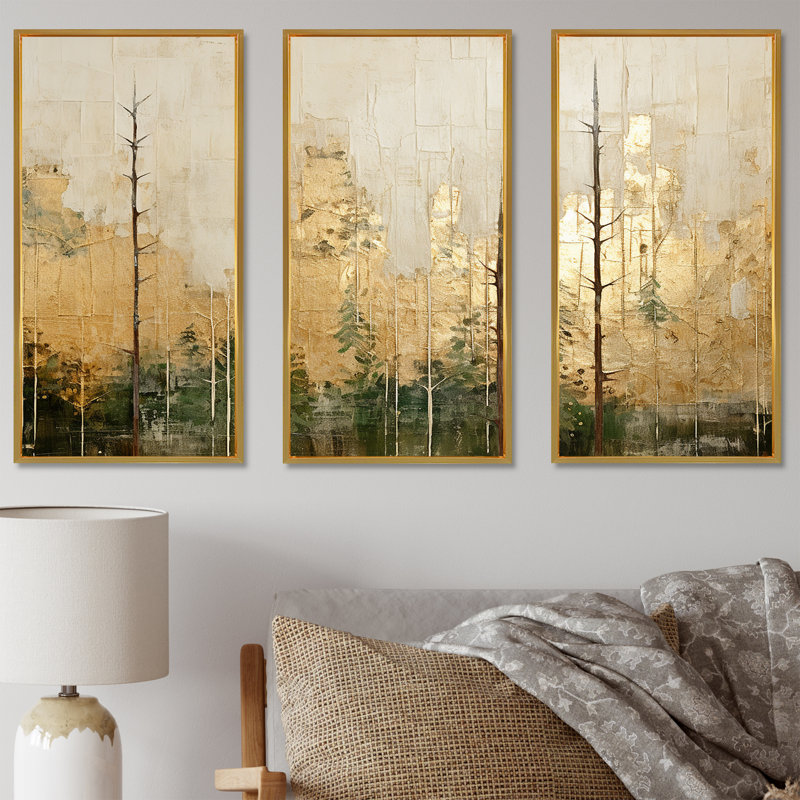 Minimalisme beige et or forêt I - ensemble de décoration murale forêt, Cadre flottant doré, H 28 po x l 36 po x P 1 po