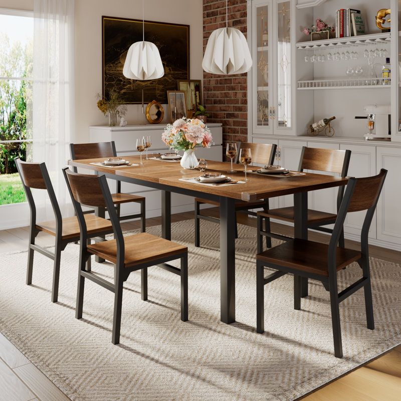 Ensemble de table de salle à manger 7 pièces Einhomn avec 6 chaises, ensemble de table de cuisine extensible de 63 po pour 4 à 6 personnes, table de salle à manger avec structure en métal et panneau de fibres à densité moyenne, parfait pour les petits appartements et facile à nettoyer