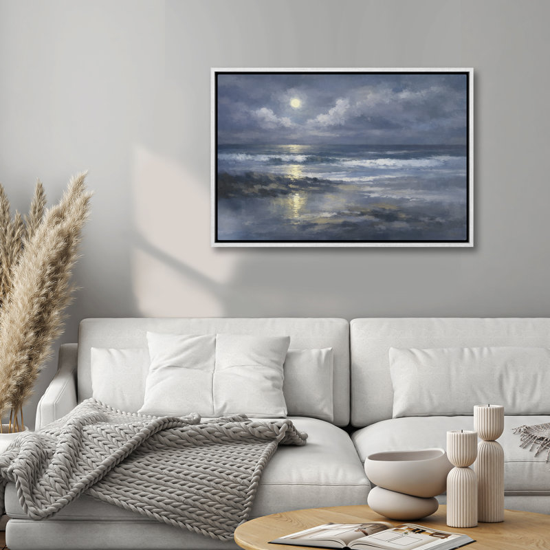 «Moonlit Ocean Waves and Cloudy Night Sky Seascape», reproduction d'art encadrée, H 16 po x l 24 po, Blanc
