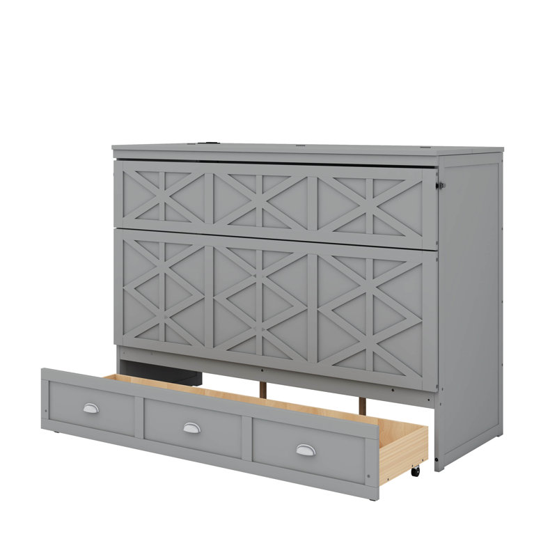 Grand lit escamotable avec tiroirs et port USB, Gris brossé