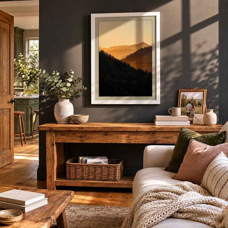 Mountains at Sunrise Landscape - Framed Print, A2 - 59.4 x 42.0 cm, White