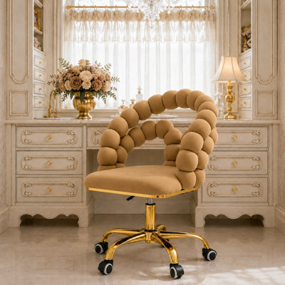 Chaise de coiffeuse moderne en velours avec roulettes, chaise de maquillage pivotante et réglable avec dossier à bulles et base en métal doré