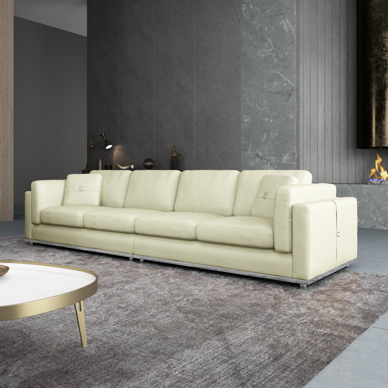 Canapé à accoudoirs carrés en cuir véritable de 91 po Picasso, H 32 po x l 117 po x P 39 po, Cuir véritable blanc