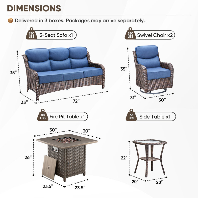 Smilario 5-Piece Outdoor Wicker Patio Conversation Set With Square Fire Pit, Swivel Gliders And 3-Seat Sofa With 6" Thick Cushions