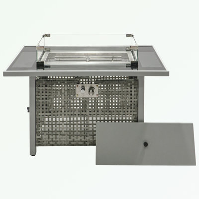 Rectangular Open Weave Wicker Fire Pit with Glass Wind Guard