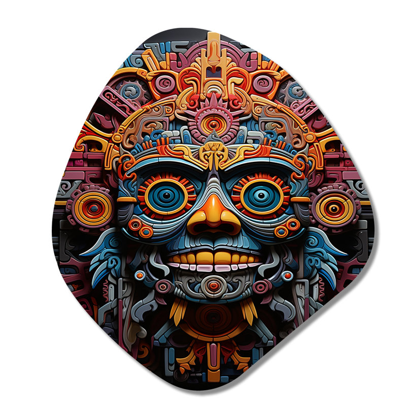 Teal orange Mexico Vibrant Aztec Mask - Unique Shape Mexico, reproduction d'art asymétrique, H 35 po x l 31 po