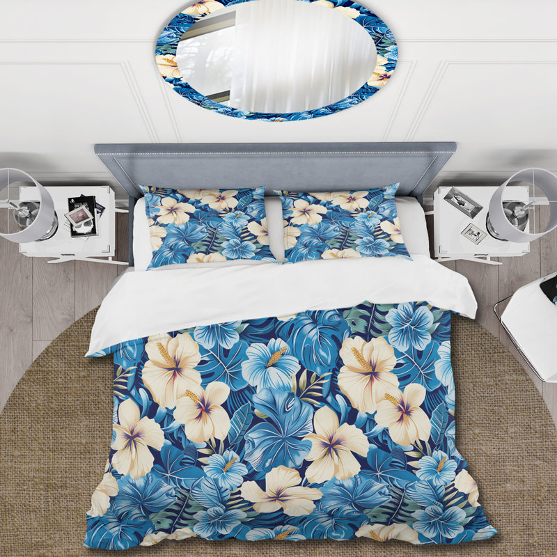 Ensemble de housse de couette beige hibiscus tropical - fleurs tropicales, Housse de couette pour grand lit et 2 taies décor