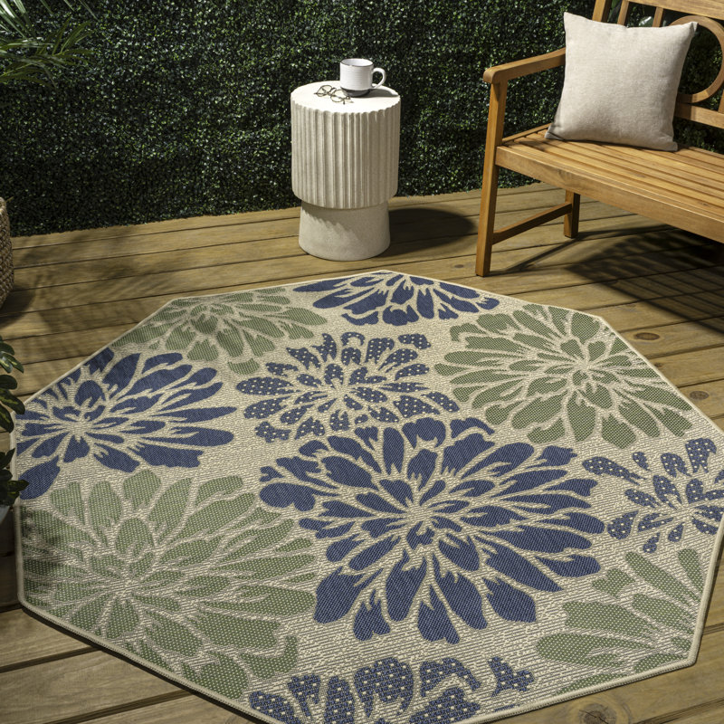 Hagy Modern Floral Textured Weave Navy/Green Indoor/Outdoor Rug, Octagon 5'3"