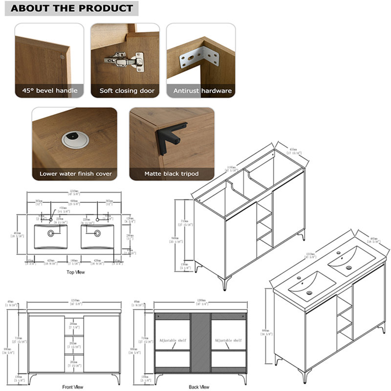 Meuble-lavabo double autoportant 47,6 po avec plateau en résine Ilisa