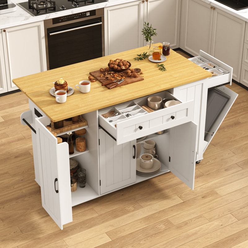 Chariot de cuisine mobile de 59 po à roulettes avec abattant et armoire à déchets cachée, table d'îlot de cuisine en bois d'hévéa sur roulettes avec tiroir et armoire de rangement, porte-serviettes, porte-épices, roulettes verrouillables, prise de courant pour la cuisine