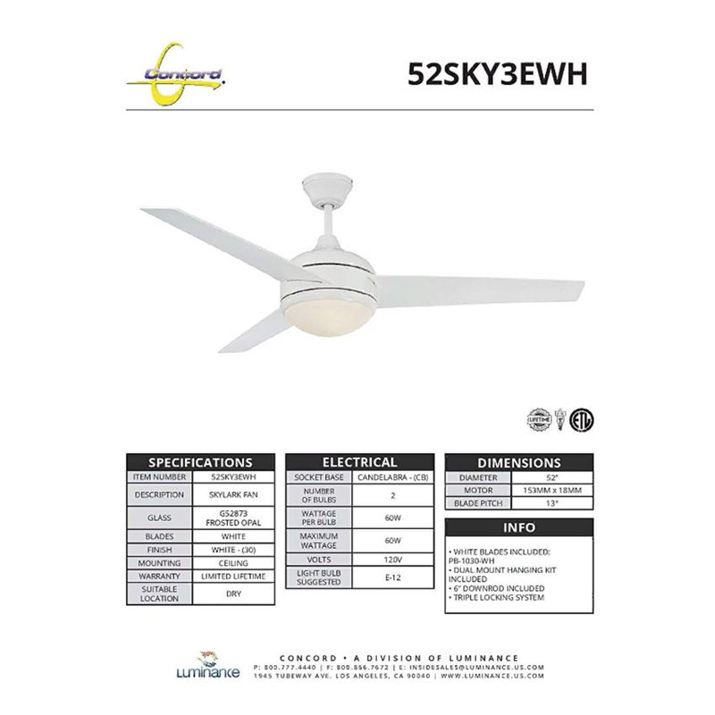 Ventilateur de plafond à 3 pales de 52 po avec télécommande et ensemble d'éclairage inclus