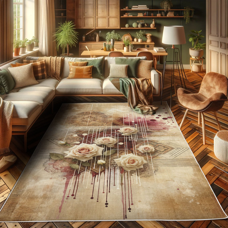 Camel and Raspberry Floral Synthetic Area Rug 2' 5" x 5'