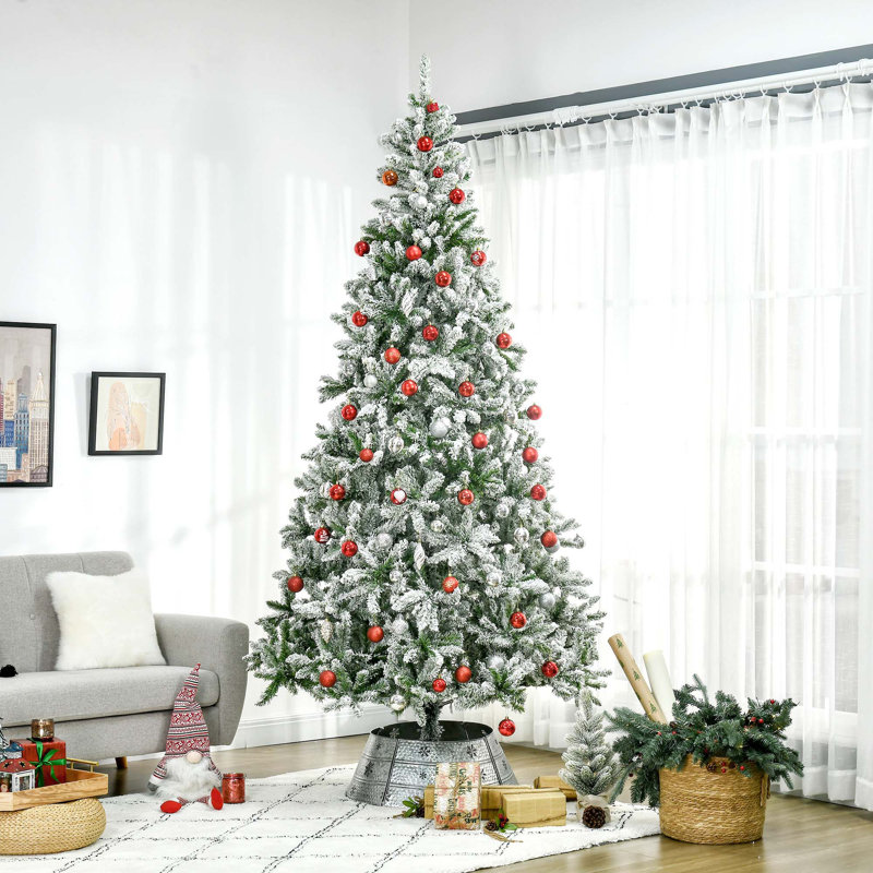 7.5/9Ft Tall Unlit Snow Flocked Pine Artificial Christmas Tree With Realistic Branches