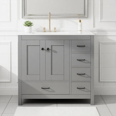 36" Gray Bathroom Vanity with Ceramic Sink Combo, Abundant Storage Cabinet -2 Soft close doors and 5 drawers