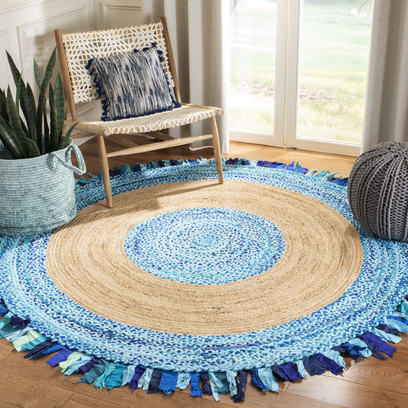 Yousef Hand Woven Cotton/Jute Rug in Turquoise/Natural, Round 6'