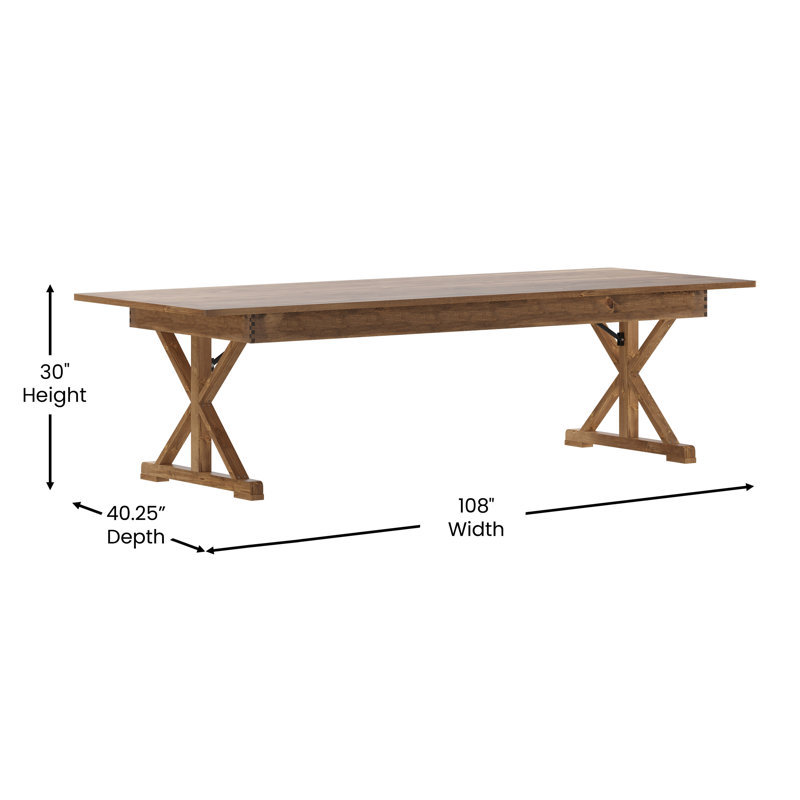 Eternity Rectangular Solid Pine Farm Dining Table with Folding X-Style Legs, 40.25" W  x 108" L, Rustic Pine
