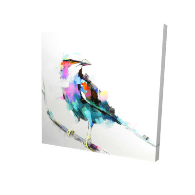 Art sur toile turquoise, oiseau coloré abstrait sur une branche